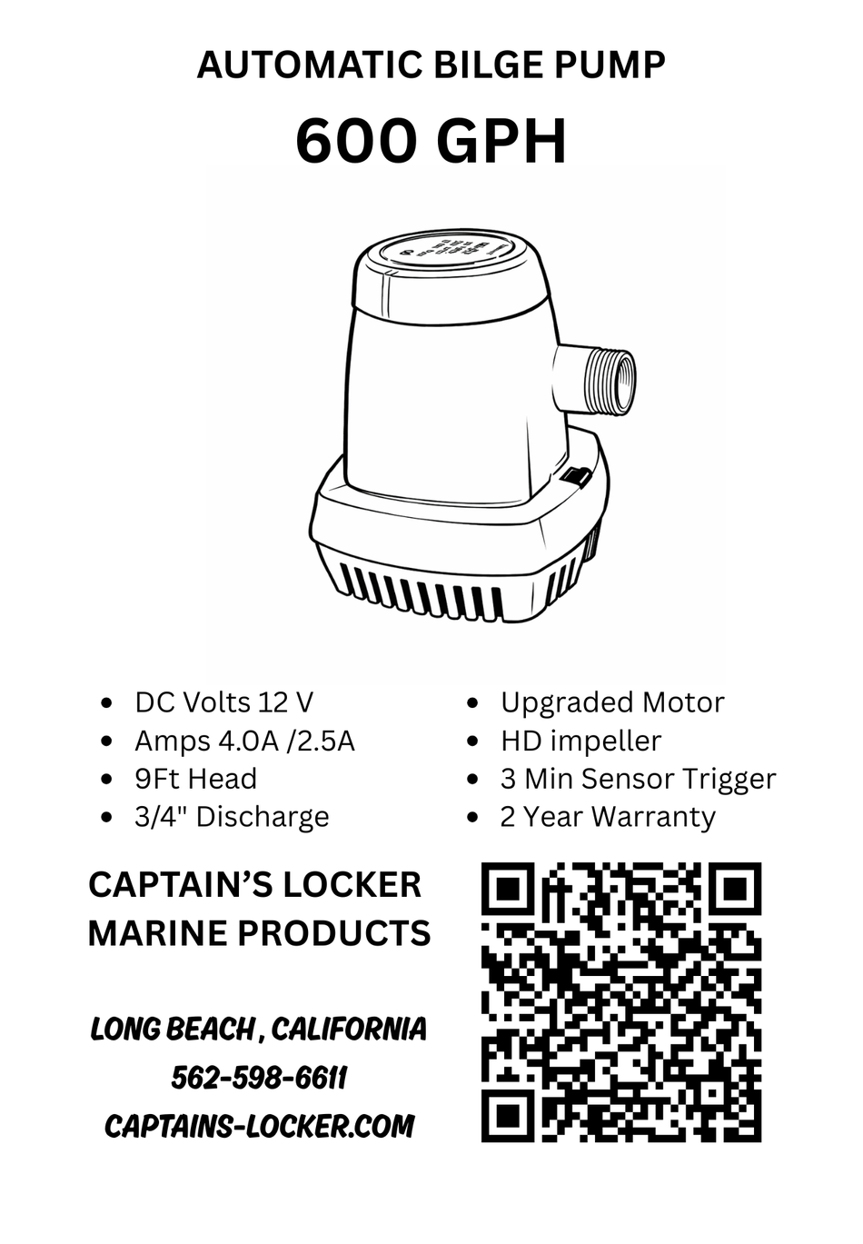BILGE PUMP W/ AUTOMATIC FLOAT SWITCH 12V 600GAL