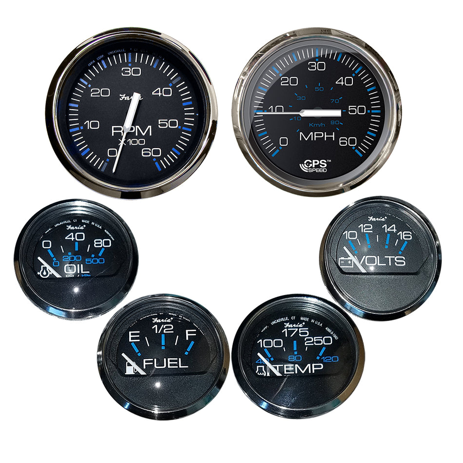 Faria Chesapeake Black w/Stainless Steel Bezel Boxed Set of 6 - Speed, Tach, Fuel Level, Voltmeter, Water Temperature  Oil PSI - Inboard Motors  [KTF064]