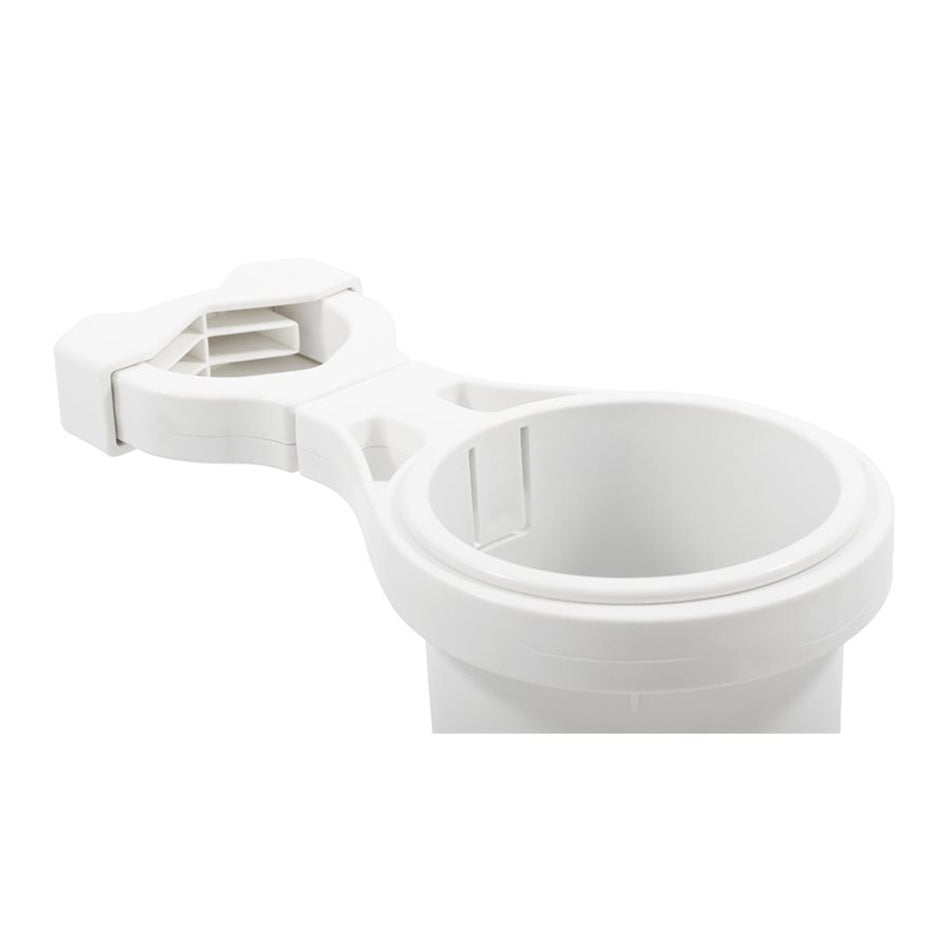 Camco Clamp-On Rail Mounted Cup Holder - Small for Up to 1-1/4" Rail - White  [53086]